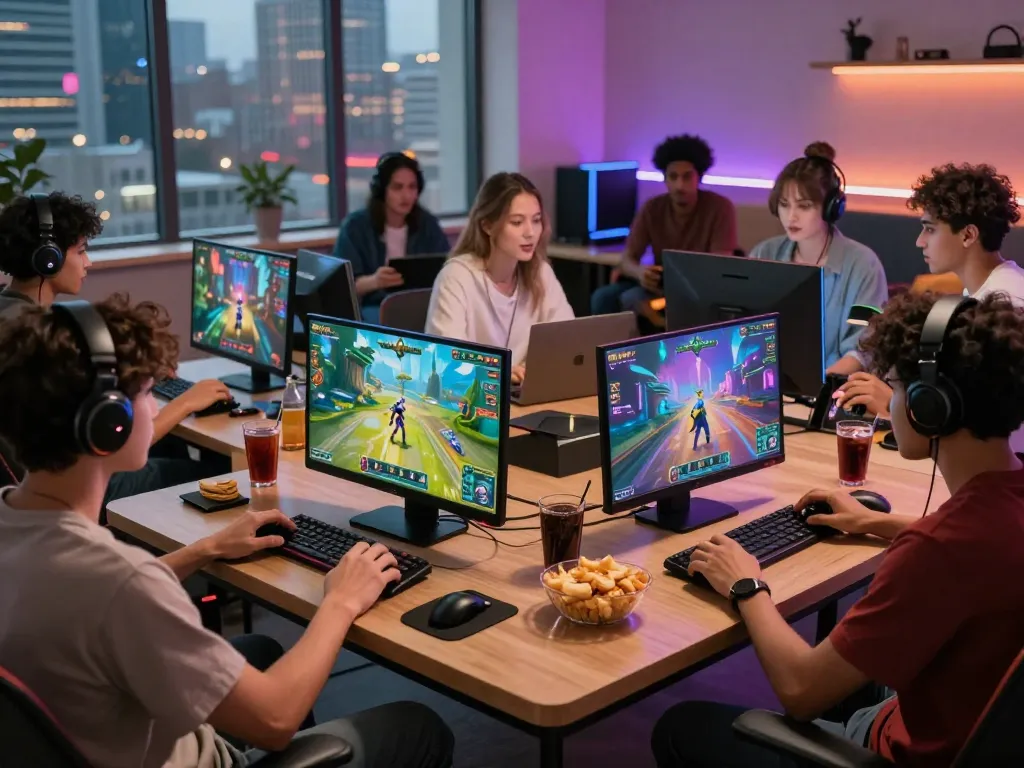 Engaging scene of friends playing sun win games on their devices, sharing snacks and excitement.
