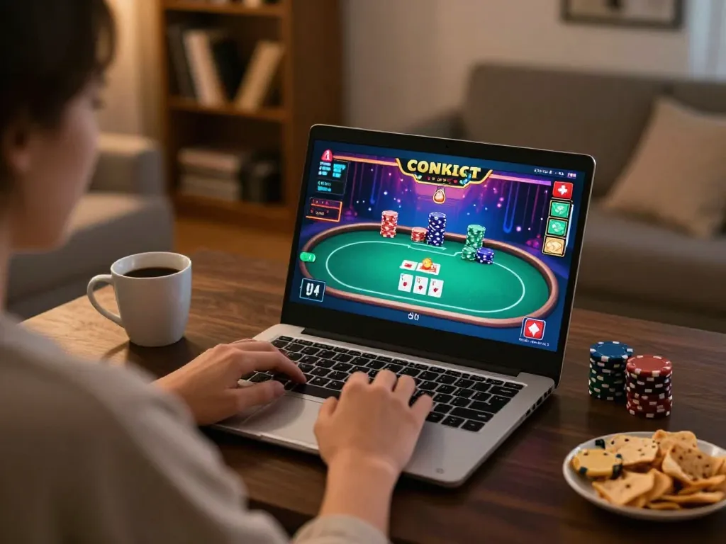 man club online poker gaming setup during evening with snacks and laptop