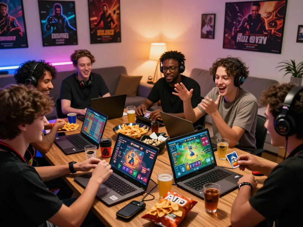 Engaged friends playing rik vip card game in a lively living room