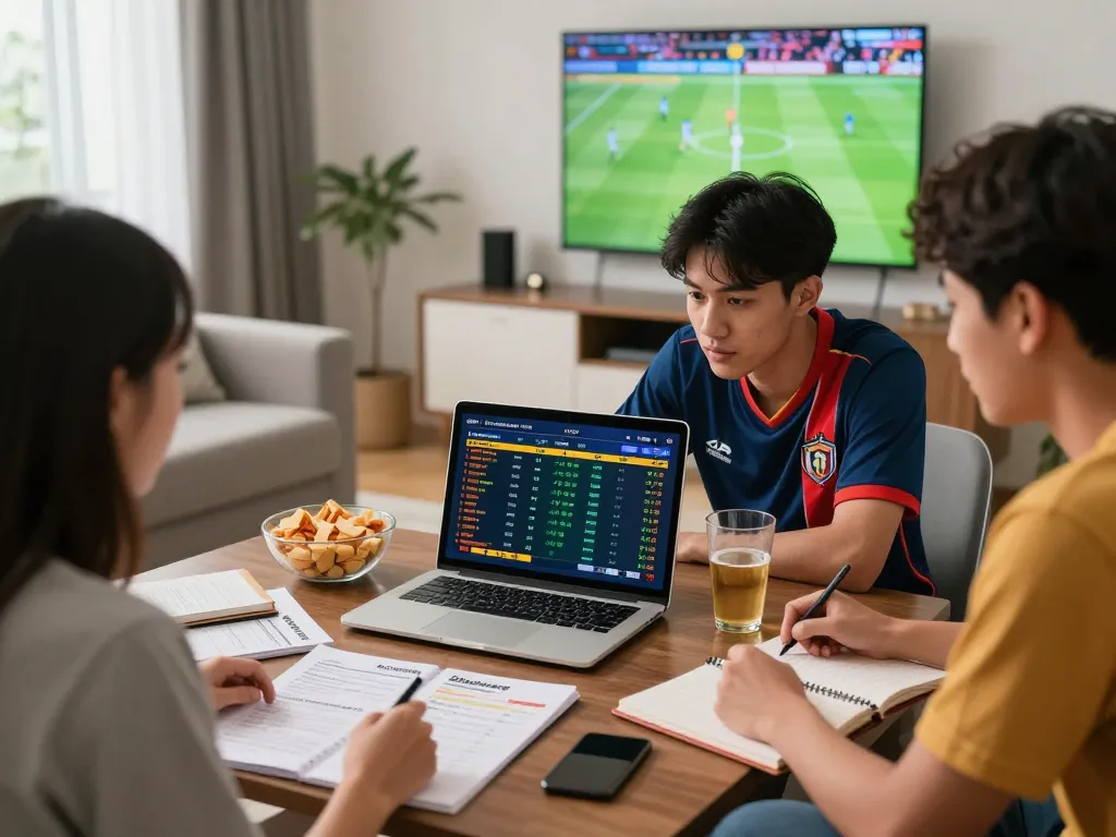 Enthusiastic individuals engaging in Judi Bola betting while analyzing live match statistics.