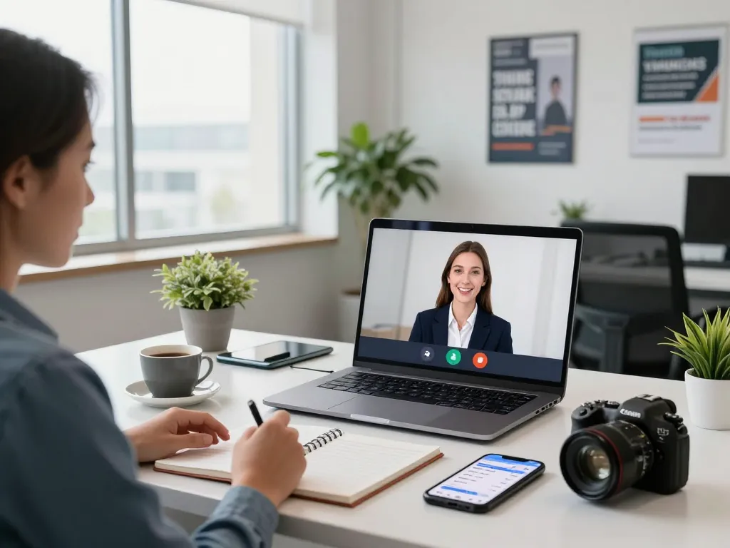 AI voice interview software assisting a recruiter during a virtual interview in a bright corporate office.