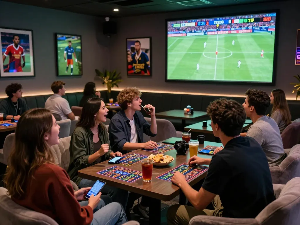 SBOBET88 betting atmosphere with friends enjoying a live football match.