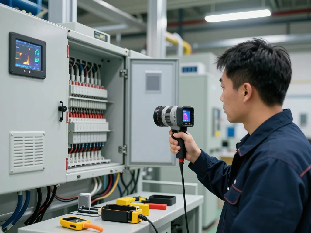 How thermal imaging works with HANMATEK® Ti240 Thermal Camera during inspection of electrical panels in a well-lit industrial setting.