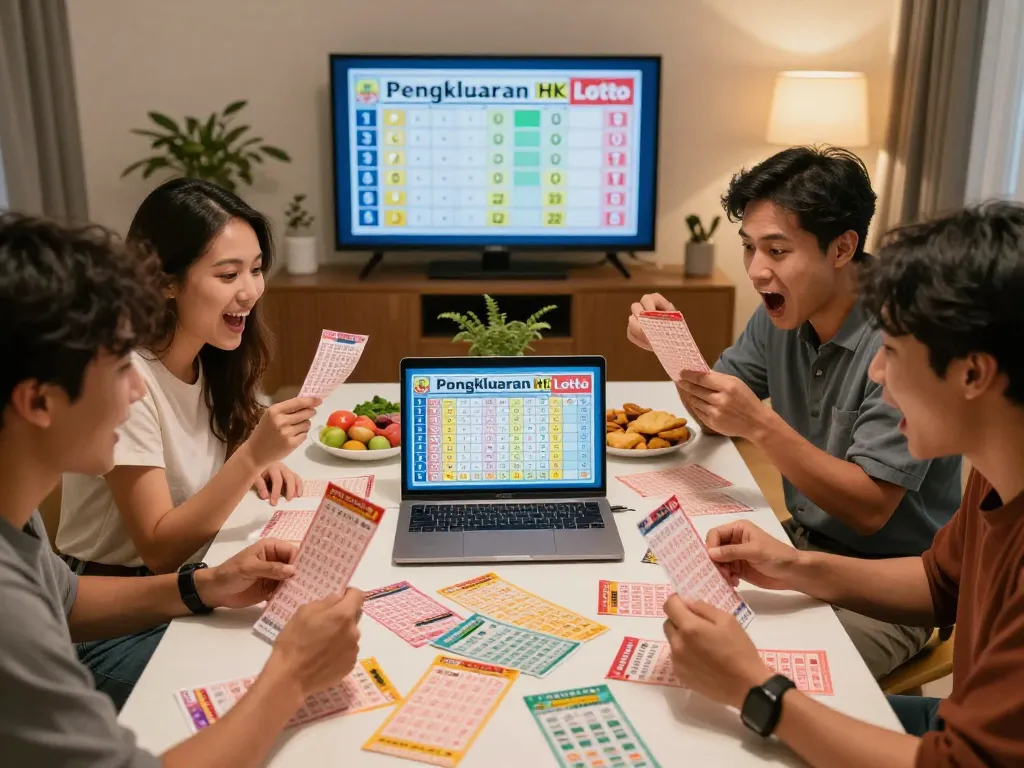 Sahabat merayakan hasil Pengeluaran HK Lotto sambil memeriksa tiket dan laptop di lingkungan rumah yang hidup.