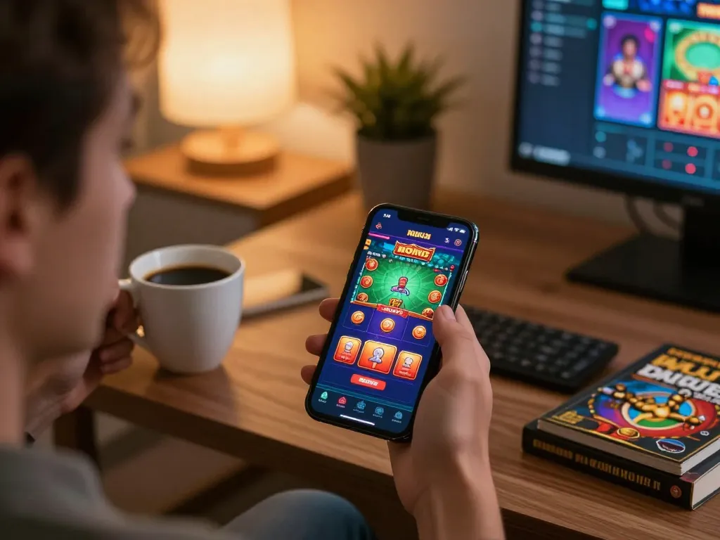 uu88 player engaging with vibrant casino app on smartphone while enjoying a cozy home setting