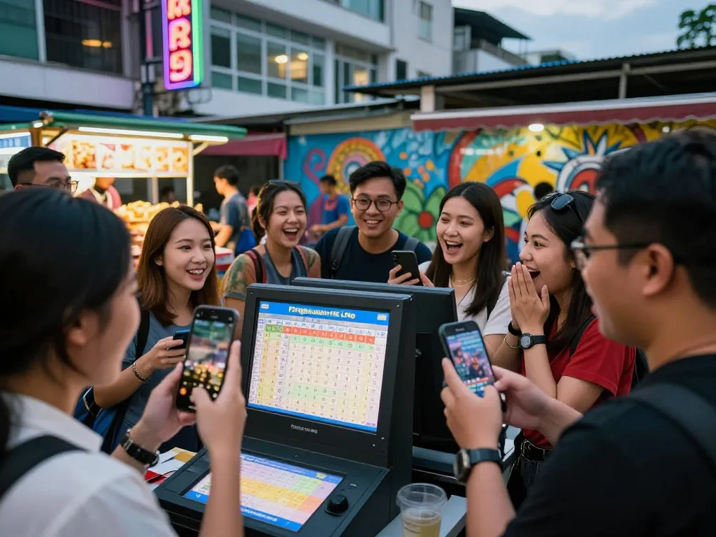 Teman-teman yang bersemangat memeriksa hasil Pengeluaran HK Lotto di lingkungan perkotaan yang cerah