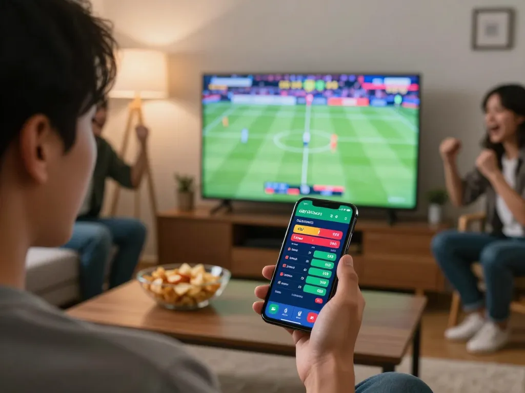 Adegan menarik dari aksi taruhan olahraga langsung dengan judi bola resmi di smartphone, merayakan keseruan permainan.