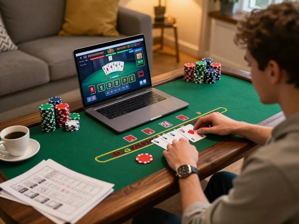 Player enjoying a thrilling live dealer game on HELLO88's online casino platform while taking strategic notes