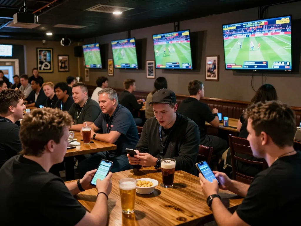 Cheering patrons engage in soi keo nha cai at a sports betting bar with multiple screens.