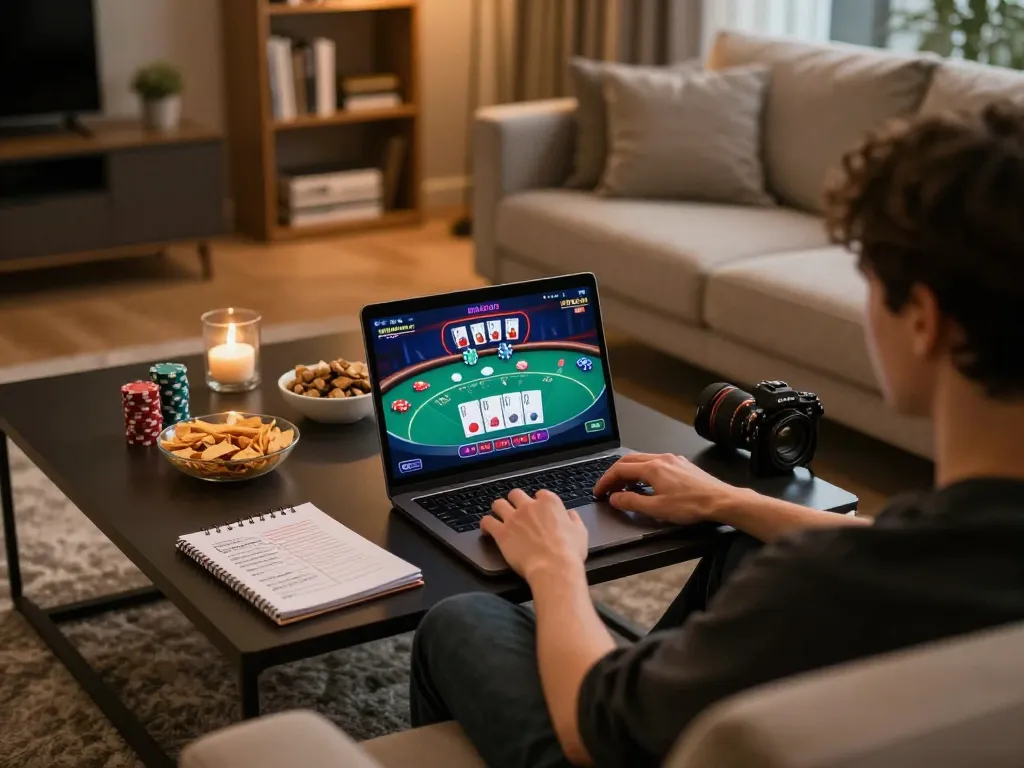 Player enjoying tai lv88 online casino on a laptop in a cozy home ambiance with snacks and strategies