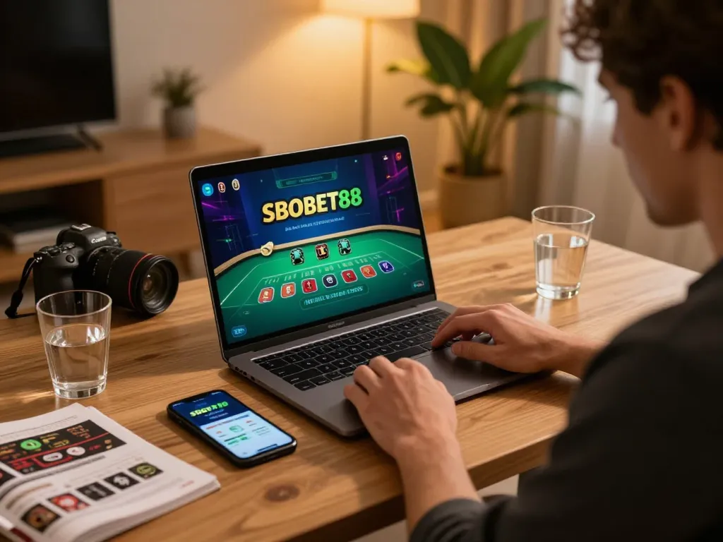 Permainan blackjack dealer langsung SBOBET88 yang sedang dimainkan di laptop, menampilkan suasana perjudian online yang menarik.
