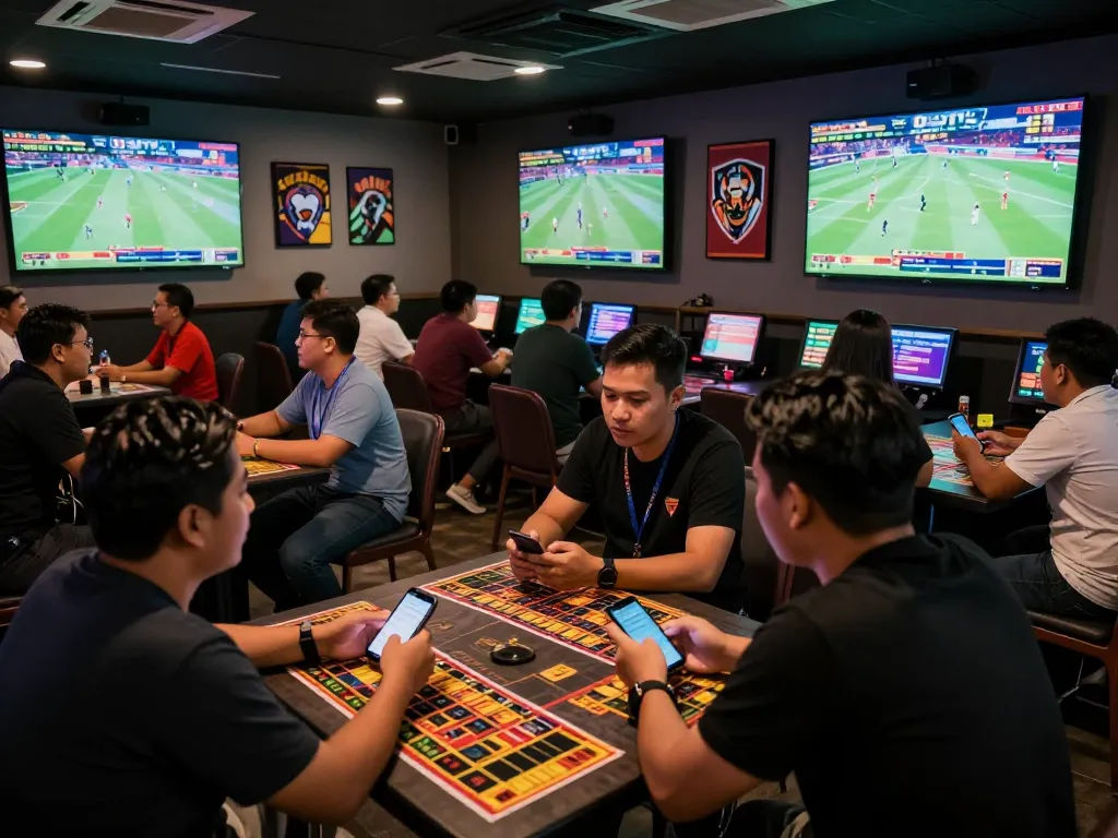 Pemain taruhan yang terlibat merasakan kegembiraan Taruhan Bola di ruang taruhan olahraga yang ramai.