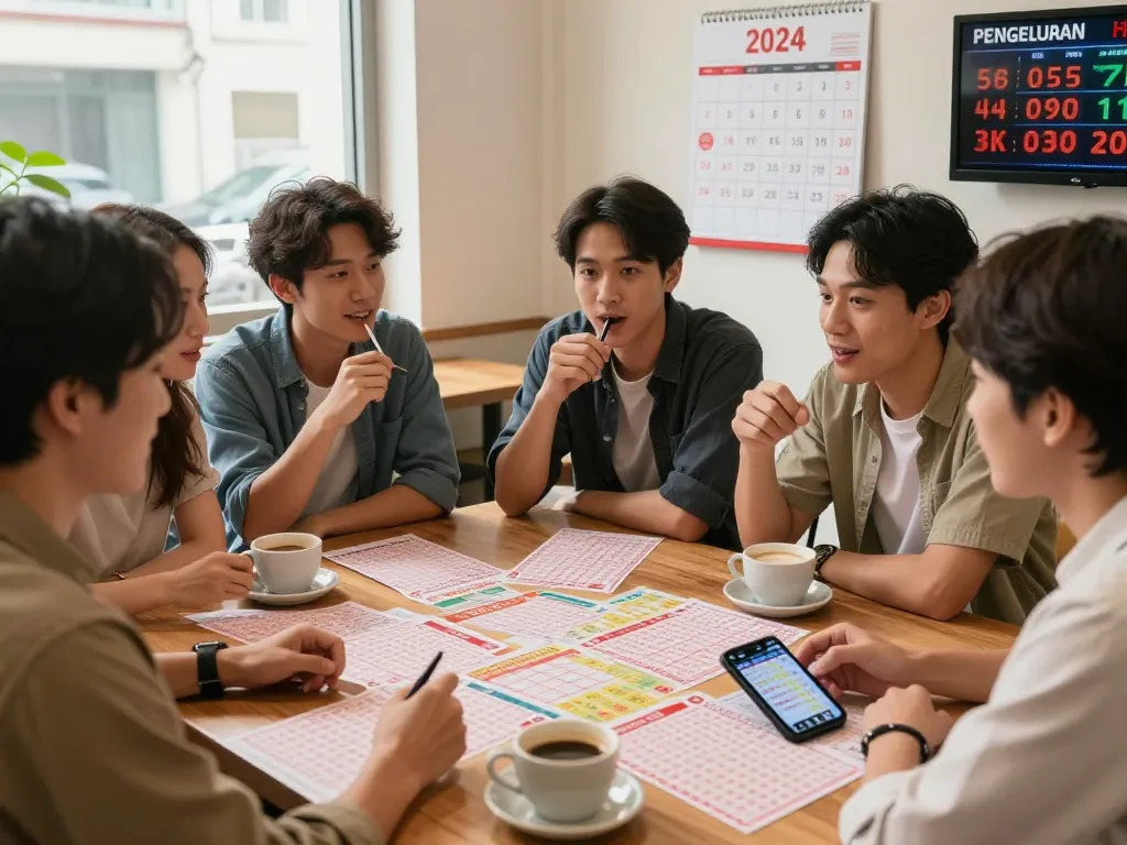 Grup dengan antusias mendiskusikan hasil Pengeluaran HK Lotto di meja urban yang nyaman dengan tiket lotere dan kopi.