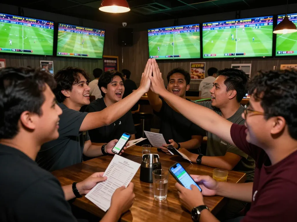 Penggemar yang terlibat bersorak saat taruhan Judi Bola di bar olahraga yang ramai.