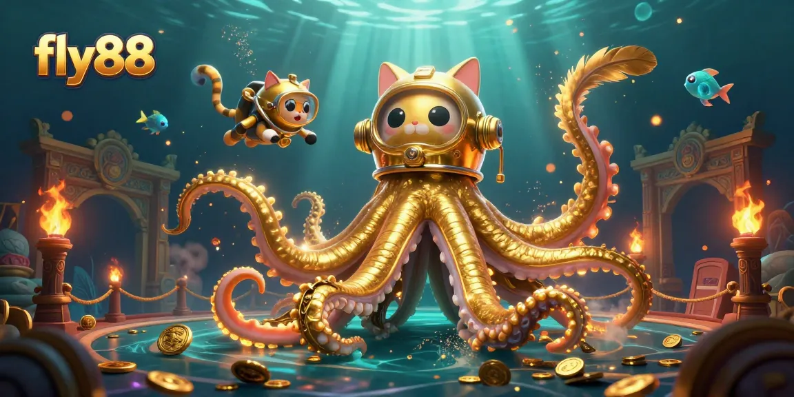 Experience thrilling gameplay at Fly88 with a cartoon kraken, treasure, and vibrant underwater elements.