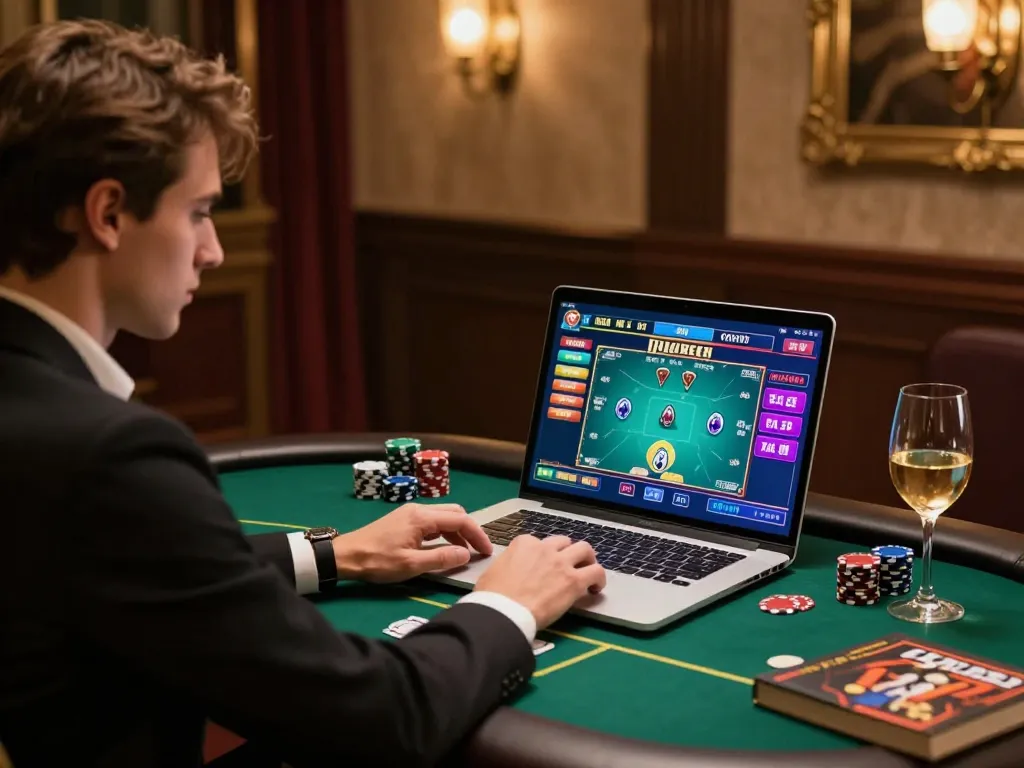 Engaging with 88xeng online poker game at a stylish home setup with modern decor