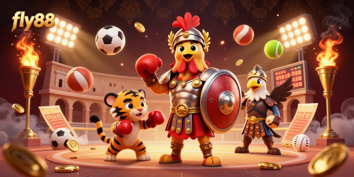 Action-packed scene showcasing fly88 amidst a dynamic colosseum with vibrant elements and characters.
