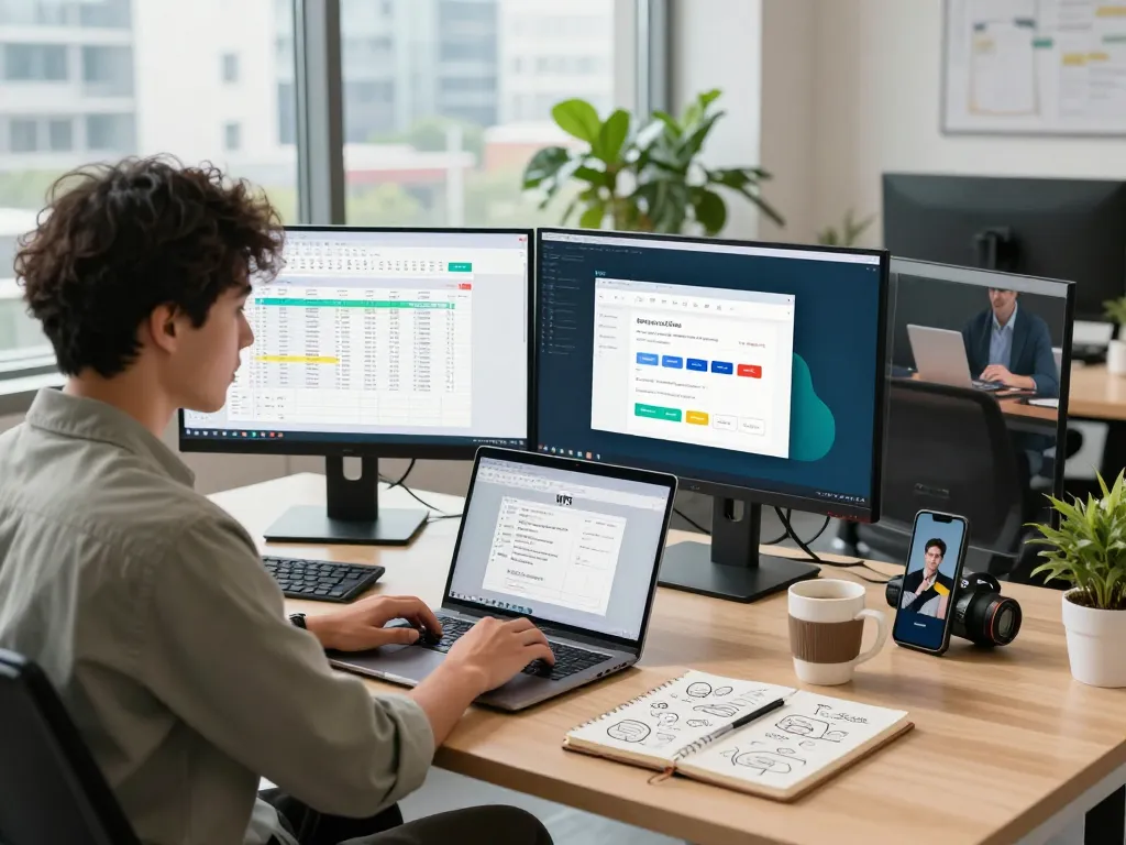 Engaged professional using WPS Office in a modern workspace filled with technology and vibrant atmosphere.