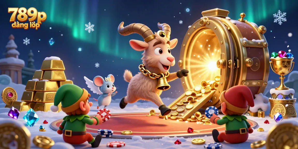 Engage in festive casino fun with 789p đăng nhập featuring playful characters amidst treasures.
