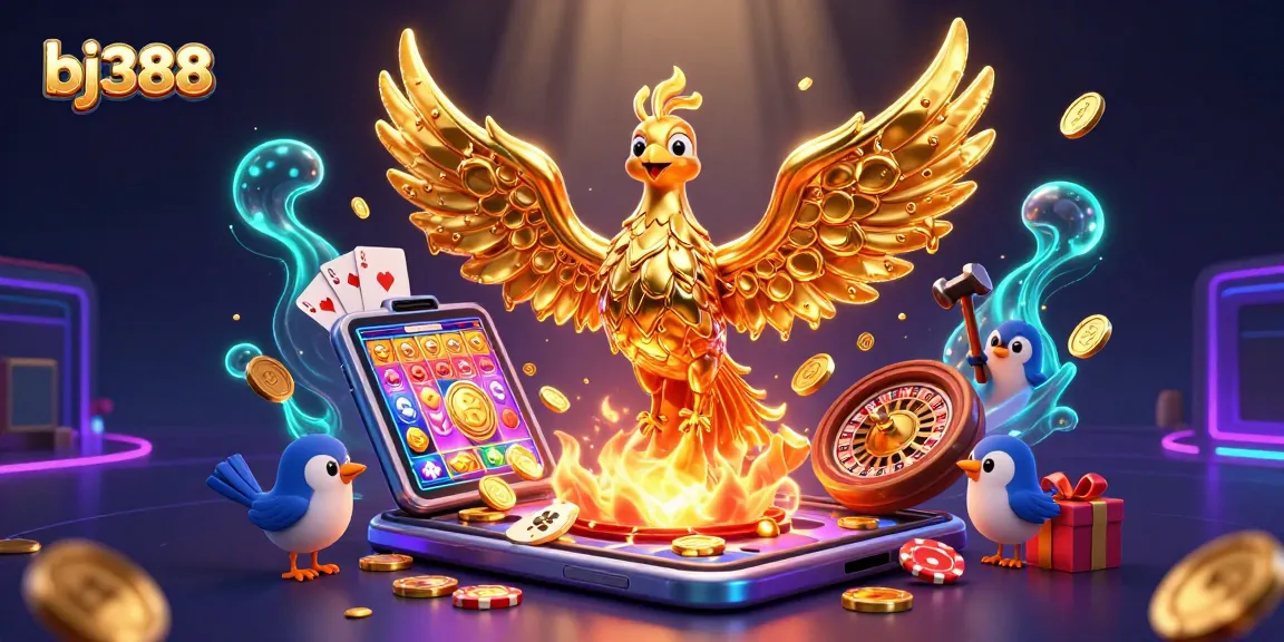 Engage with bj388's thrilling golden phoenix, symbolizing dynamic online gambling adventures with vibrant casino elements.