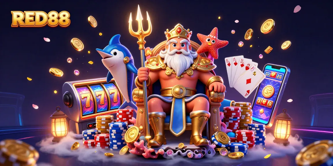 Win big with RED88 in a vibrant casino scene featuring sea king Neptune and rich gaming elements.