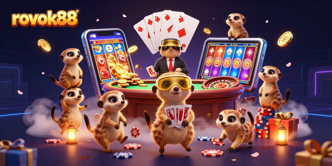 Experience the excitement of rokok88 as meerkats manage a vibrant casino scene filled with slot games and poker chips.
