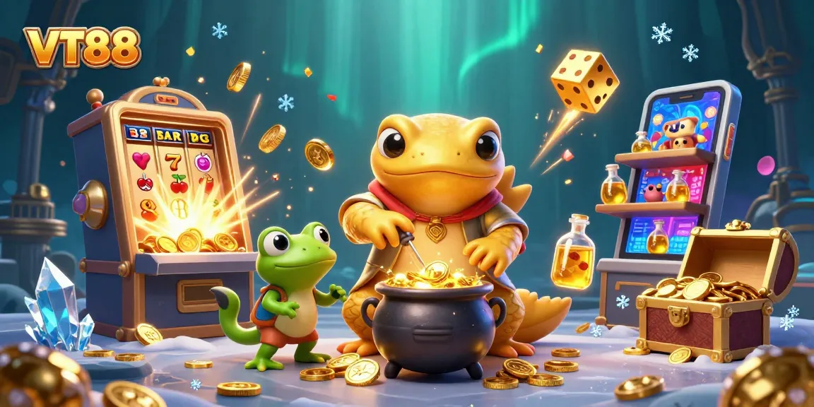Engage with VT88's vibrant slot machine and magical alchemist in this enchanting 3D illustration.
