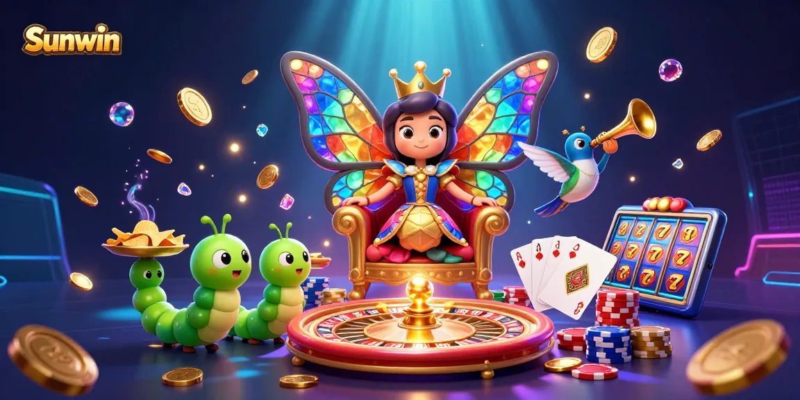 Experience the thrilling world of Sunwin with a butterfly queen presiding over a vibrant casino scene.