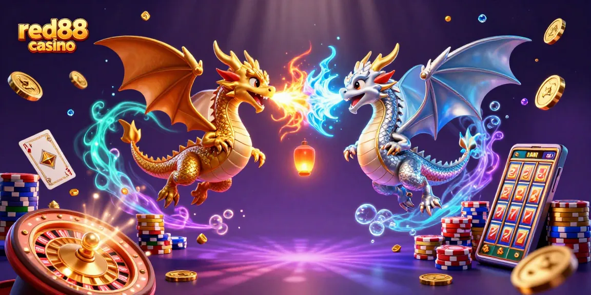 Experience the excitement of red88 casino with dynamic dragons and casino elements in 3D.