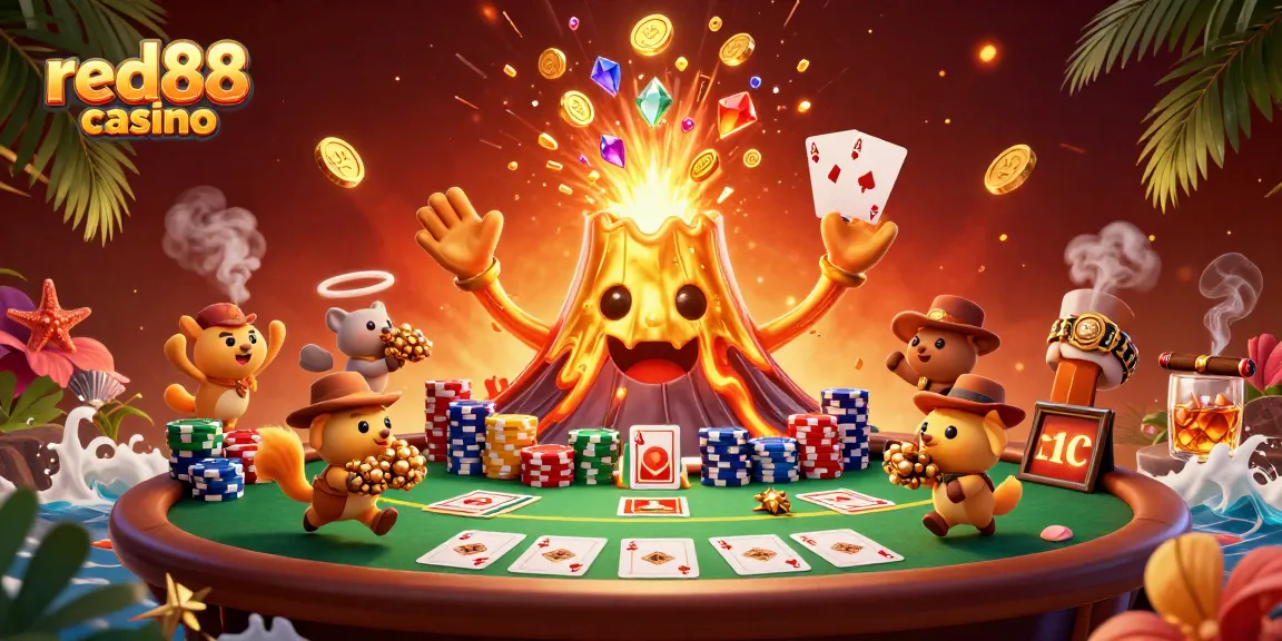 Experience thrilling gameplay at red88 casino with lively scenes of treasure and poker excitement.