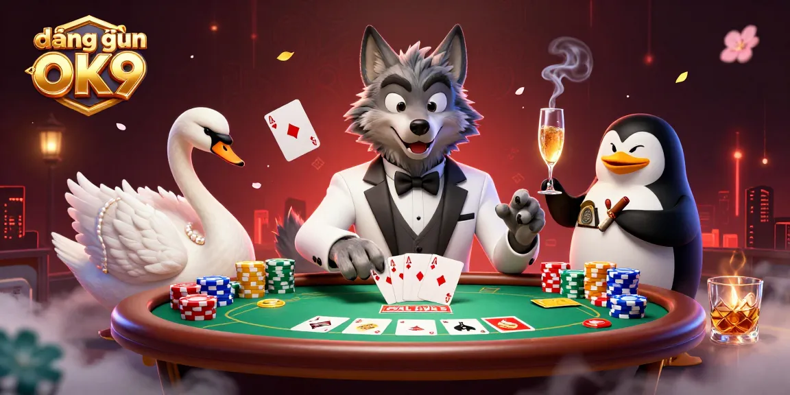 Experience a vibrant scene of sophisticated casino gameplay with đăng nhập ok9 in a dynamic, colorful 3D illustration.