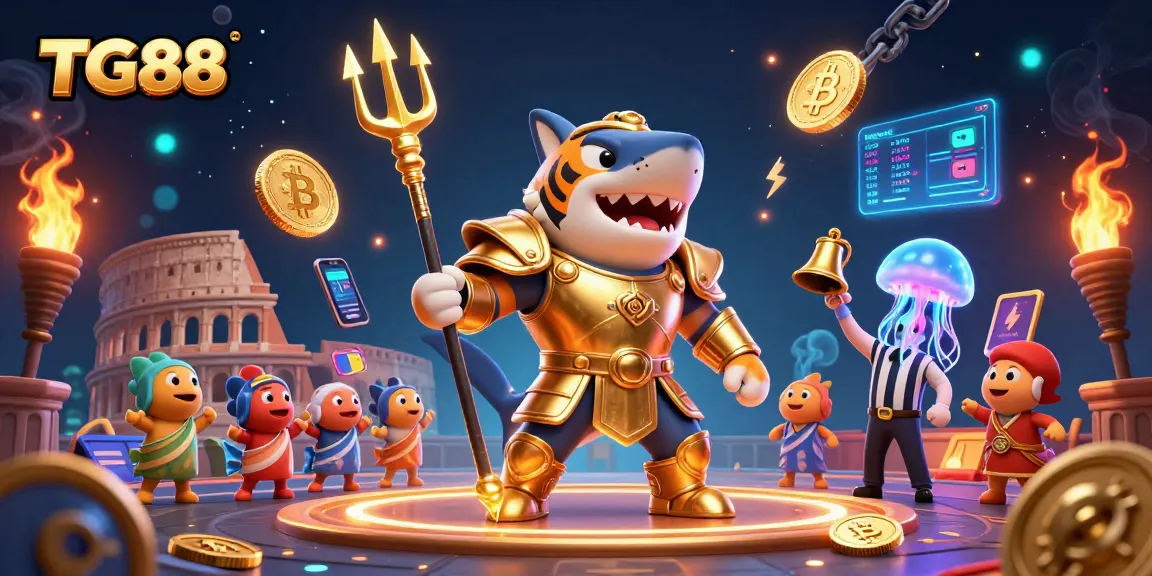 Experience thrilling gameplay at TG88 with an underwater casino scene featuring a tiger shark, coins, and a referee.