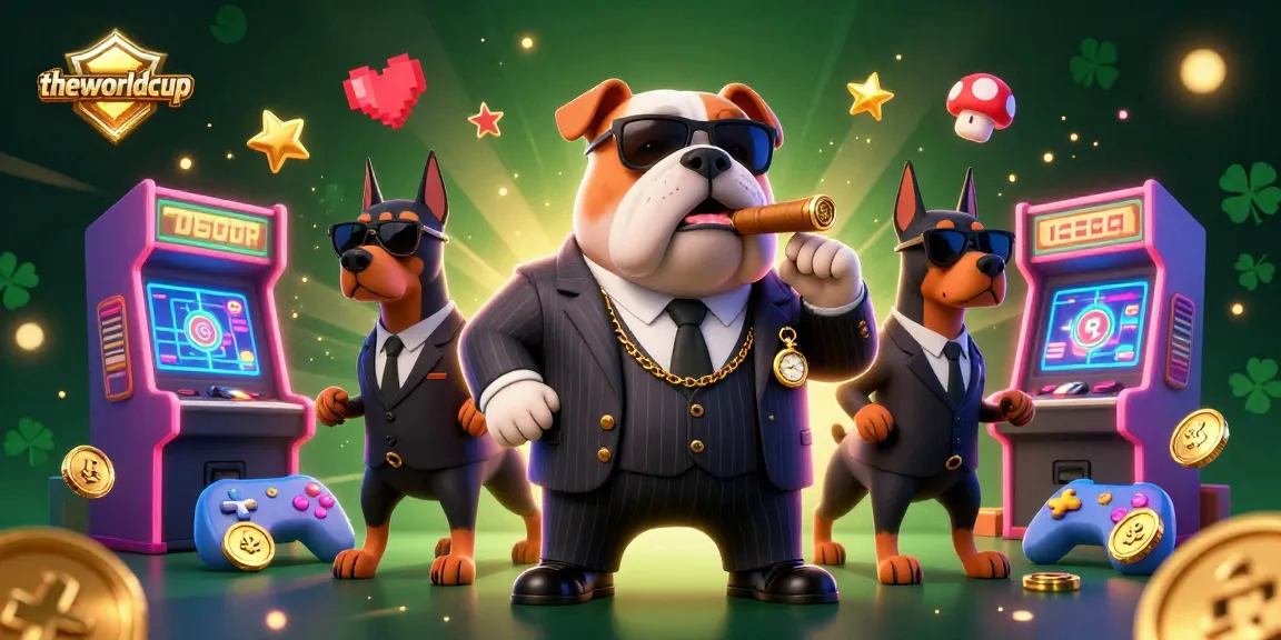 Theworldcup showcases a vibrant casino scene with a mafia boss bulldog and Dobermans amidst gaming elements.