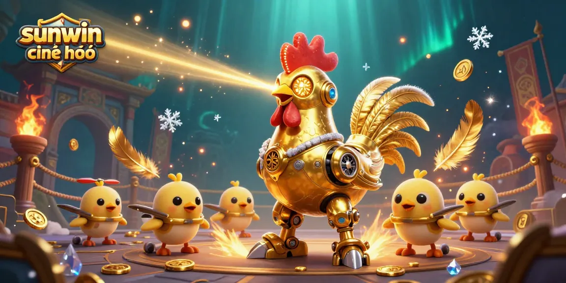 Experience the thrill of sunwin chính chủ with a golden rooster robot surrounded by vibrant casino elements.