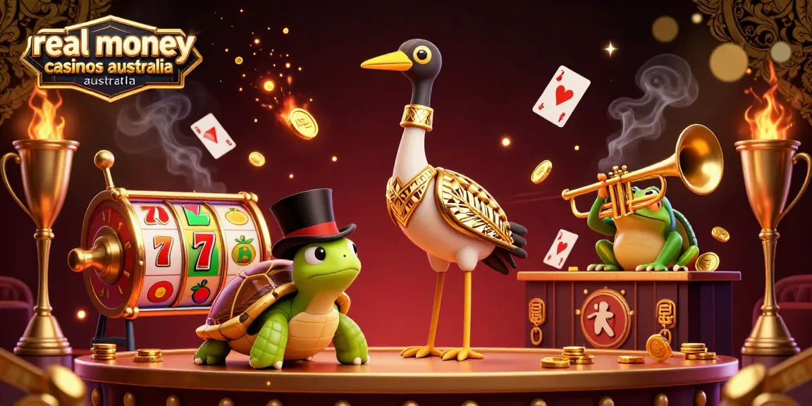 Experience the excitement of real money casinos Australia with vibrant slots, golden trophy cups, and lively characters.
