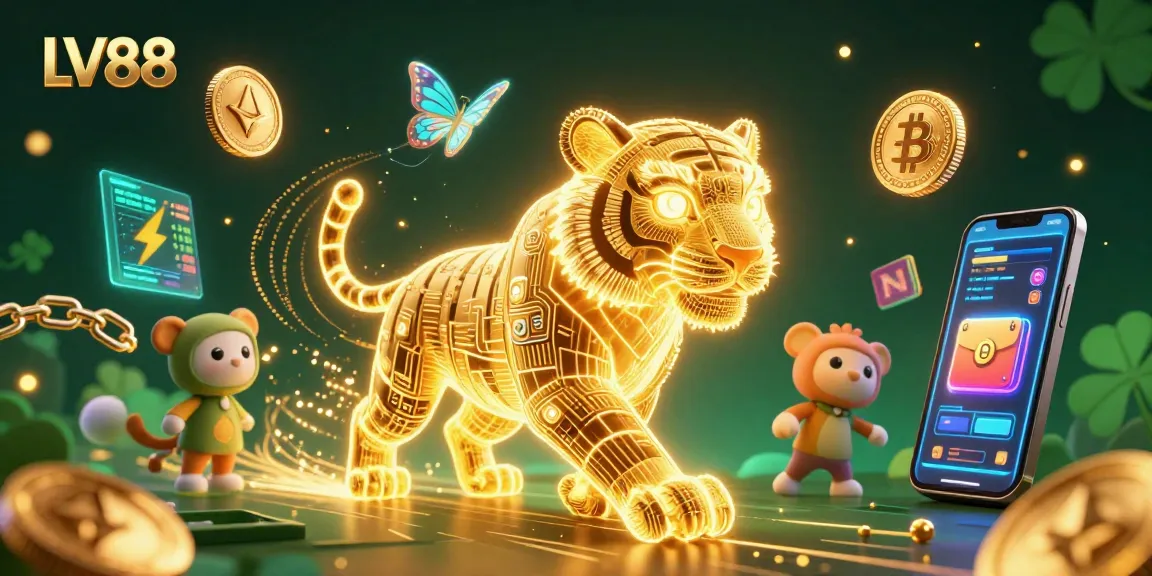 Experience LV88's vibrant digital casino scene with a neon tiger and cryptocurrency symbols.