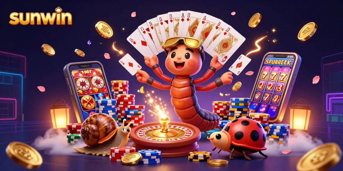 Experience the excitement of sunwin with animated casino characters delighting in card games and vibrant slot elements.